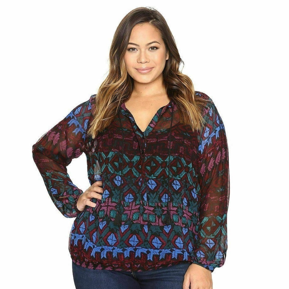 LUCKY BRAND Black Vibrant Geometric Print Sheer Blouson Top Medium
